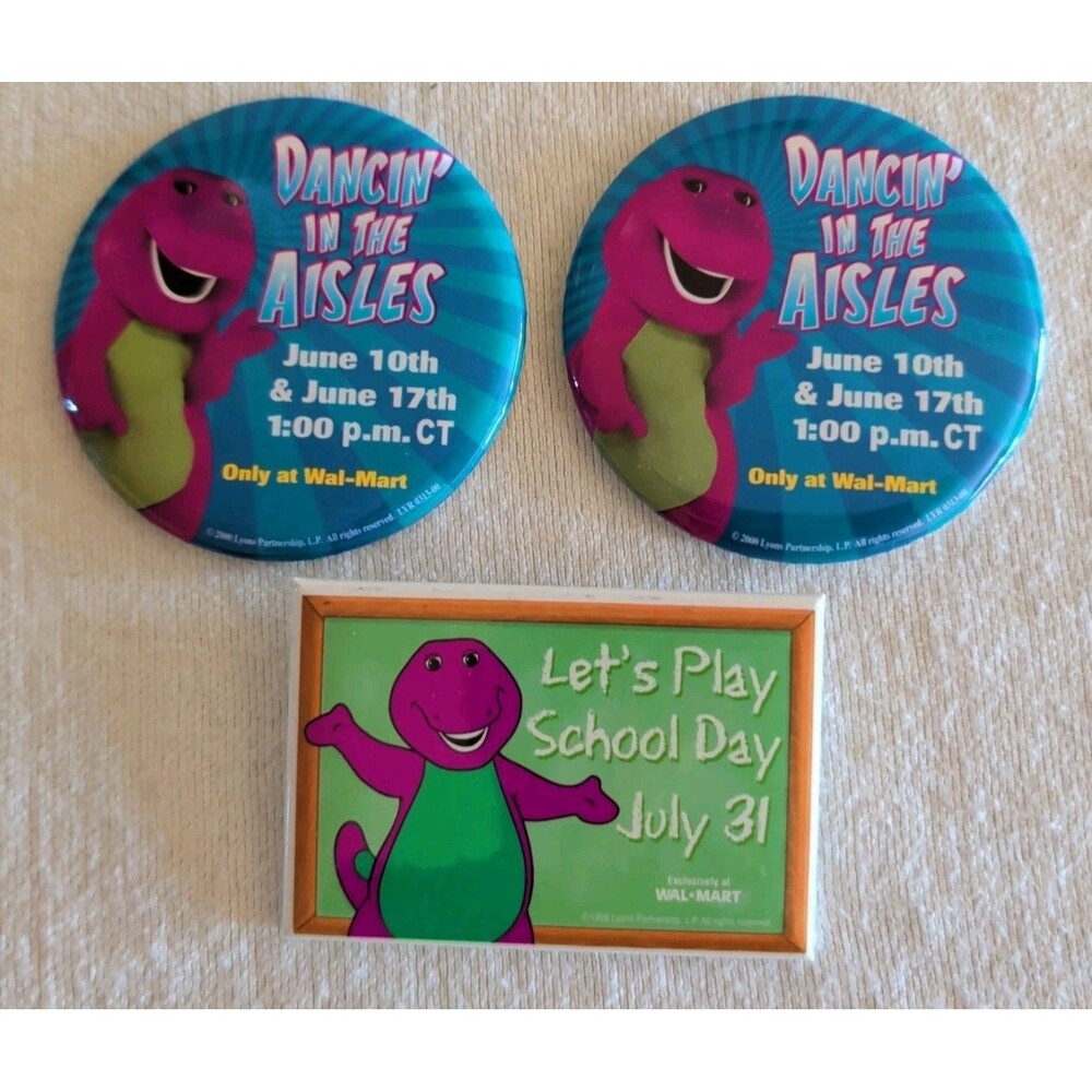 3 Walmart Barney the Dinosaur Pinback Buttons Dancin in the Aisles/School Day